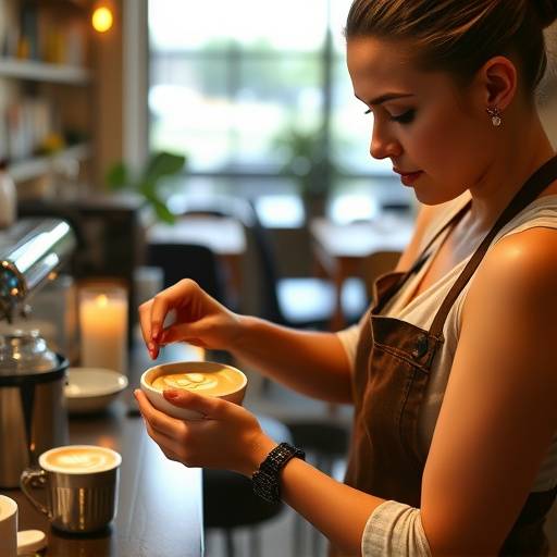 A barista expertly preparing a latte with latte art at CafeDelight.