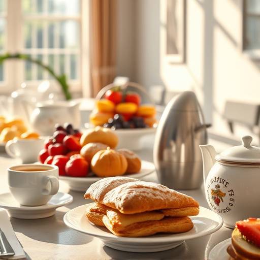 A beautifully arranged buffet table with a variety of breakfast pastries, fresh fruit, and coffee.