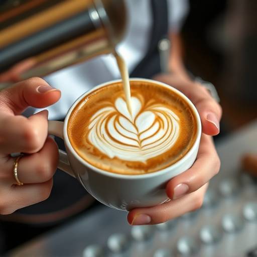 A close-up shot of a barista expertly pouring latte art into a cappuccino, creating a delicate floral design.