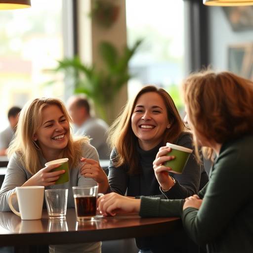 A group of people laughing and enjoying coffee together at CafeDelight.
