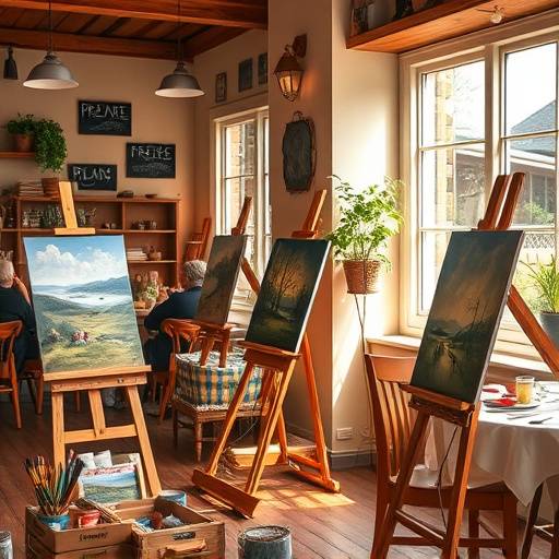 A group of people participating in a painting class at CafeDelight with easels and paint supplies.