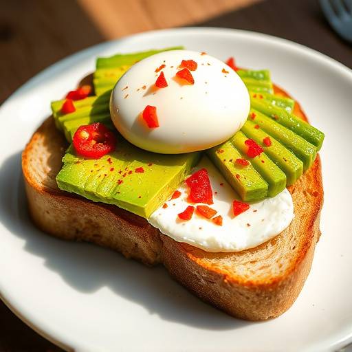 A hearty and flavorful Avocado Toast topped with a poached egg and sprinkled with red pepper flakes.