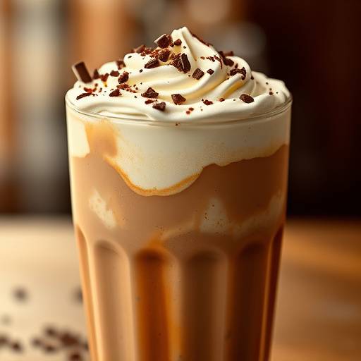 A steaming cup of CafeDelight's signature Mocha Frappe, topped with whipped cream and chocolate shavings.