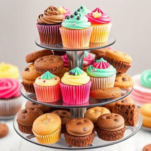 A tiered cake stand with an assortment of cupcakes, brownies, and cookies.