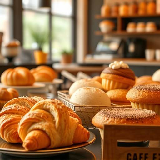 A vibrant display of pastries at CafeDelight, including croissants, muffins, and scones.