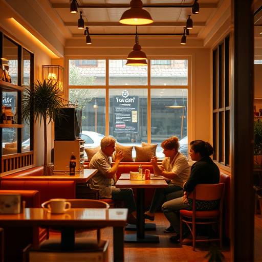 A warmly lit interior of CafeDelight, showcasing comfortable seating arrangements and patrons enjoying coffee and conversation.