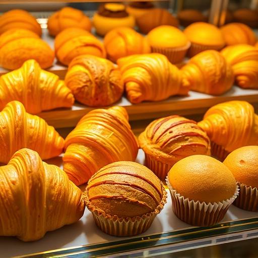 An array of freshly baked pastries displayed in a glass case, including croissants, muffins, and scones, all golden brown and enticing.