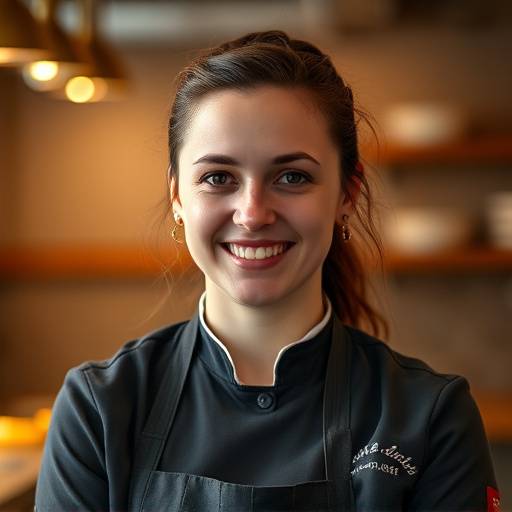 Portrait of Amelia Sterling, co-founder and head chef of CafeDelight, smiling warmly.